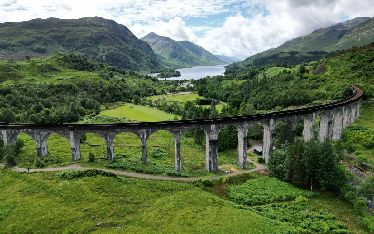 A steam train crossing the Glenfinnan viaduct